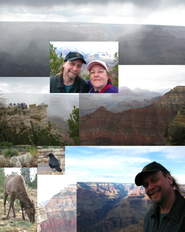 It was hailing pretty hard when we arrived at the Grand Canyon.  Our first view was in the fog.  45 minutes later, after enjoying the elk, crows, and cactus around the canyon, it cleared enough to get a good look.